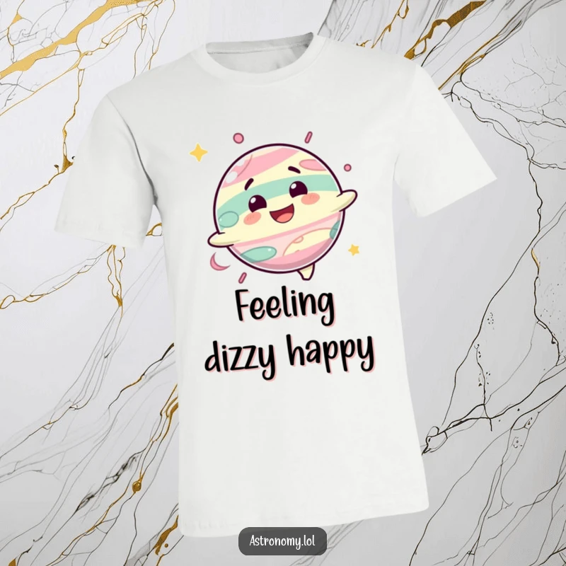 Funny t-shirt depicting a delighted planet character joyfully spinning with a big, happy grin.