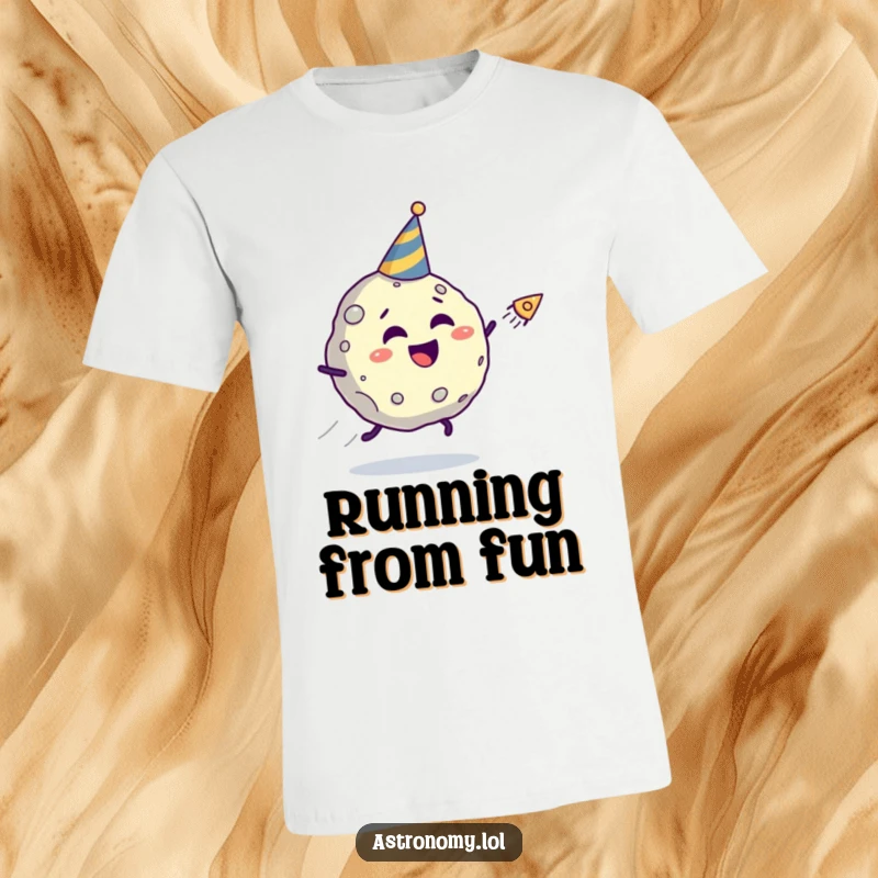 Funny asteroid t-shirt showing a giggling character in a party hat running from a fast comet, a humorous space chase graphic.