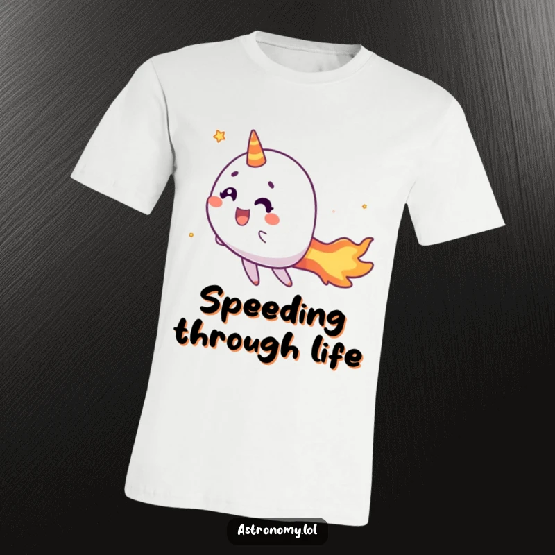 Funny comet t-shirt with a cheerful character and trailing fiery tail zipping by, perfect for energetic individuals.