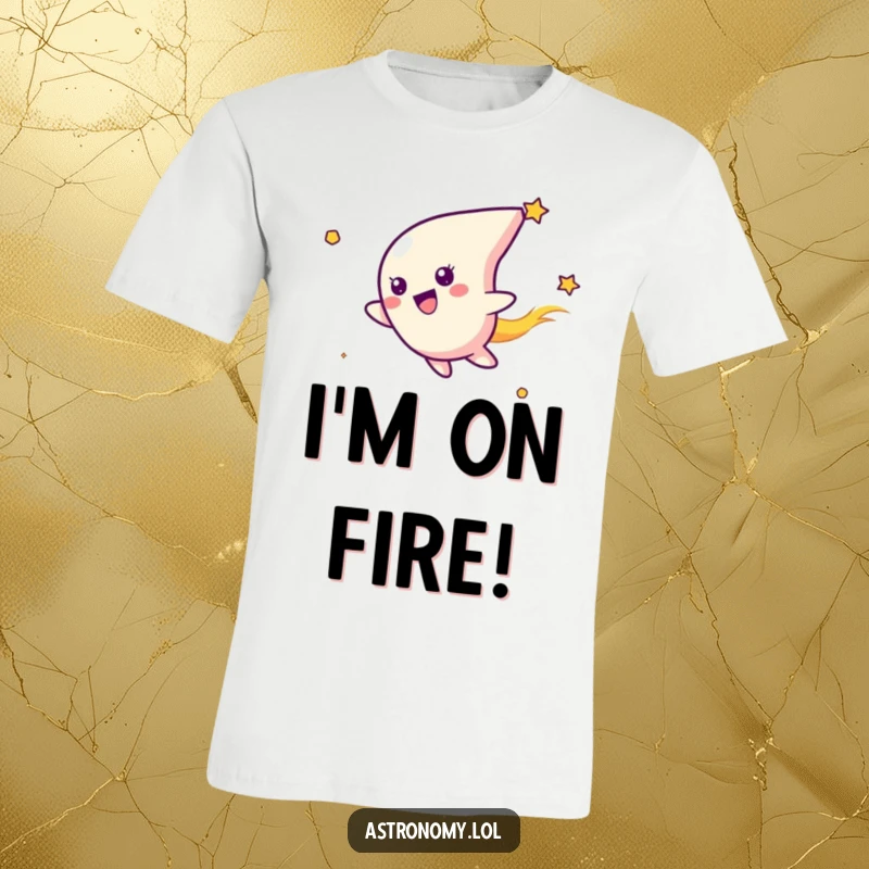 Funny T-shirt featuring a joyful comet character energetically streaking across the universe, capturing a moment of pure, unadulterated space glee.