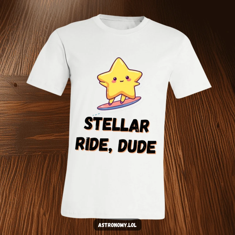 Funny cute star character happily surfing on a tiny, sparkling comet tail, showcasing an adventurous and joyful spirit.