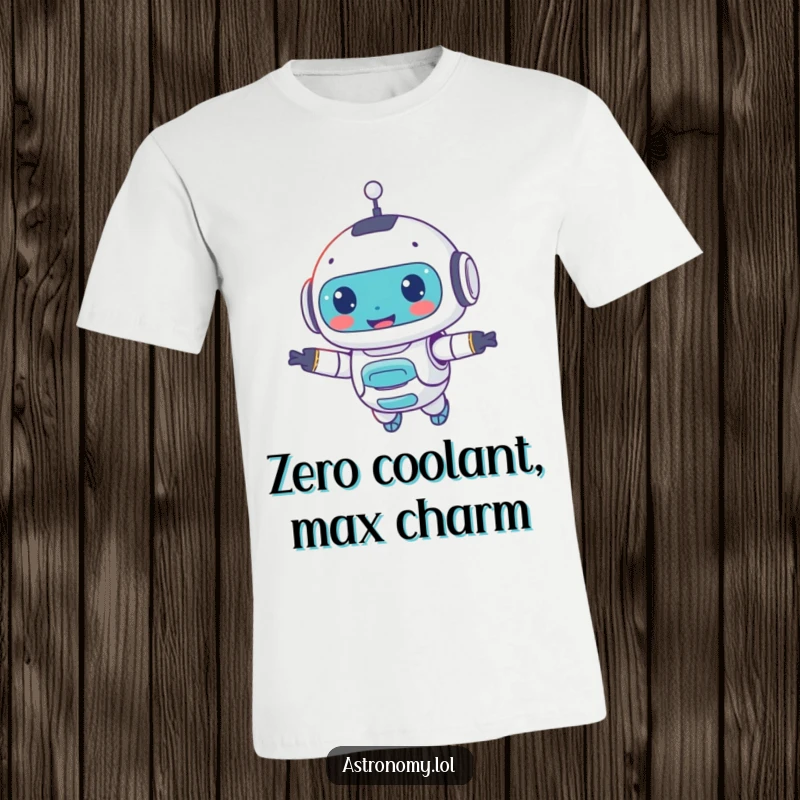 Funny t-shirt showcasing a small, friendly robot companion floating happily, designed for tech lovers and humor seekers.