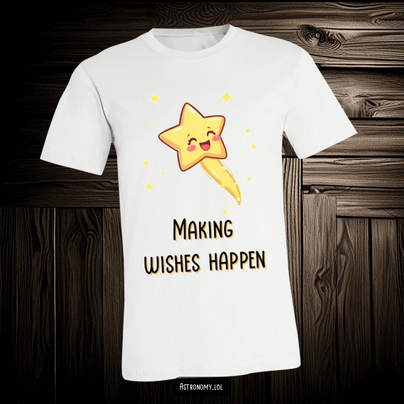 Funny t-shirt with a joyful shooting star leaving a sparkly trail, symbolizing luck and happiness in a fun design.