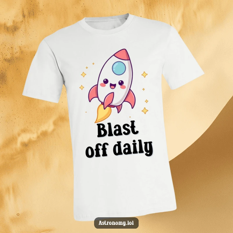 Funny rocket ship t-shirt showing a happy character blasting off with a colorful, cheerful trail behind it.