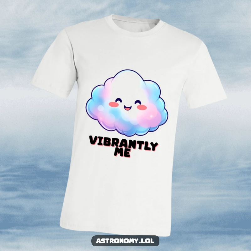 Smiling nebula cloud character expanding with happy, vibrant colors on a comfortable t-shirt, a wearable piece of joy.