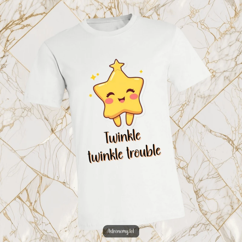 Funny star t-shirt featuring a small, playful character twinkling with a mischievous and joyful expression.