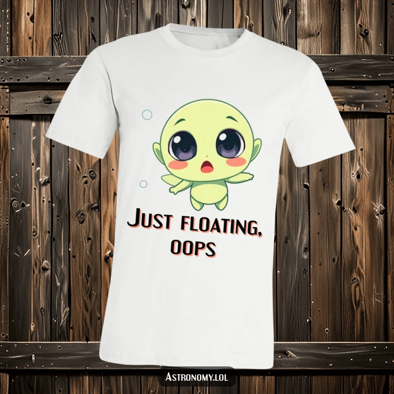 Funny surprised alien character with large, round eyes, drifting through space, conveying utter astonishment.