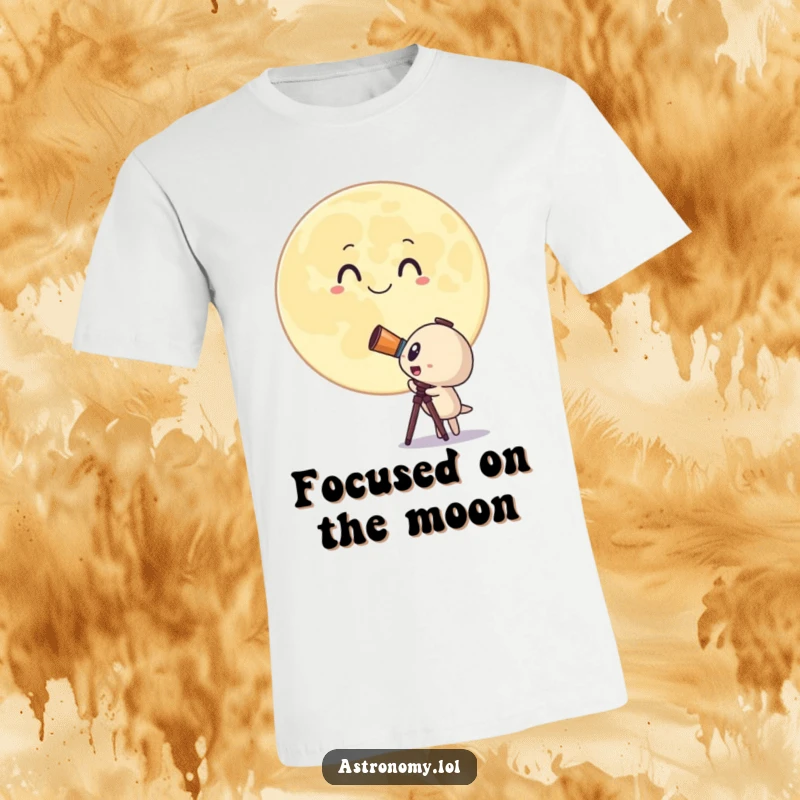Funny t-shirt showing a surprised telescope character observing a huge, smiling moon with wide-eyed wonder. Unique gift.