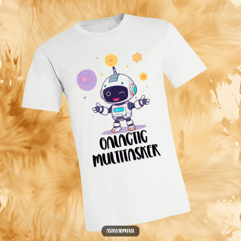 Funny t-shirt featuring a happy robot juggling three colorful, swirling galaxies, showcasing cosmic fun and skill.