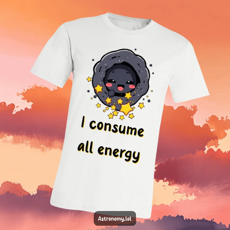 Funny t-shirt featuring a happy black hole creature playfully drawing in small stars, a unique and humorous space design.
