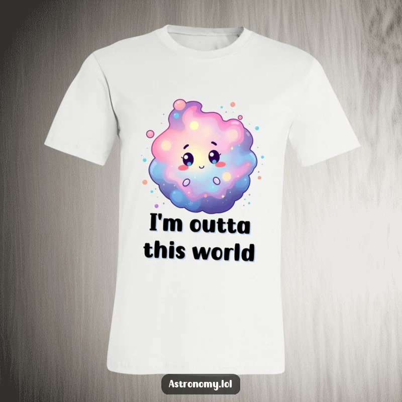 Funny t-shirt showcasing a curious nebula character with vibrant, swirling cosmic dust, exuding a sense of wonder. Great gift.