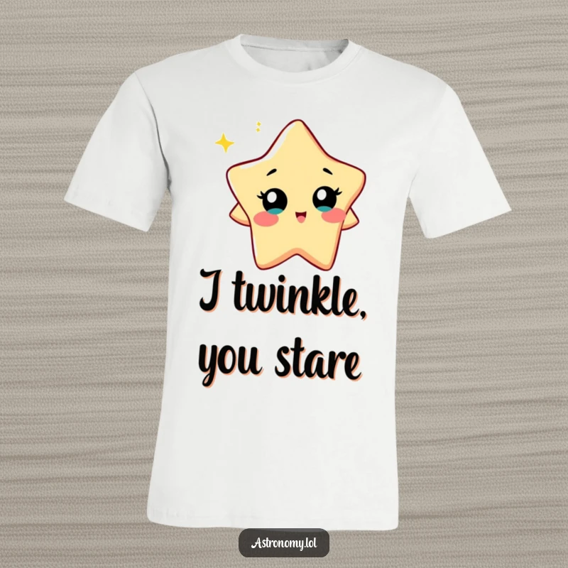 Funny T-Shirt: A Curious Star Character Twinkling Playfully, showcasing bright curiosity and a cheerful vibe. Ideal for gifting.