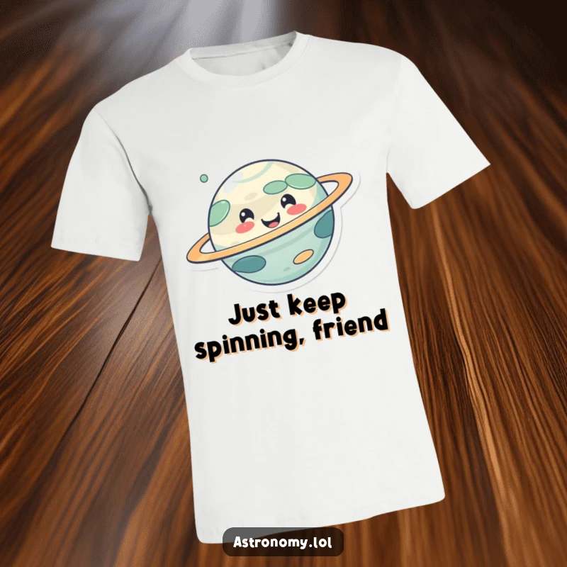 Funny t-shirt with an adorable, smiling planet character spinning joyfully, showcasing a happy and fun celestial vibe.