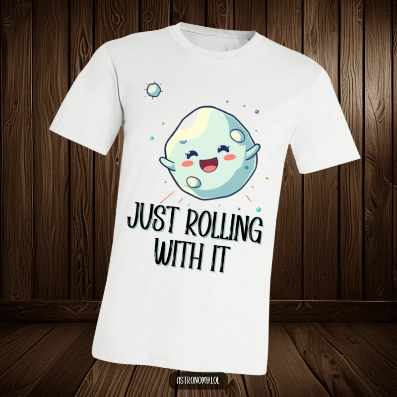Funny Asteroid T-Shirt showcasing a joyful, tumbling character, perfect for those who embrace life's cosmic adventures with humor.
