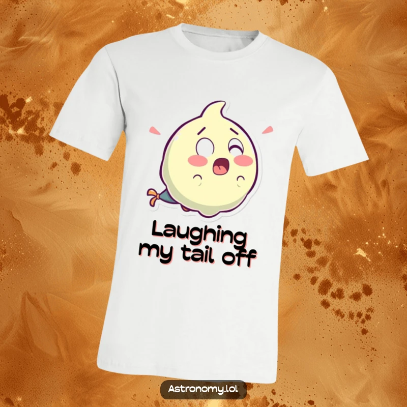 Funny surprised comet character with a wide-eyed expression and a tail formed by laughter, printed on a humorous t-shirt.