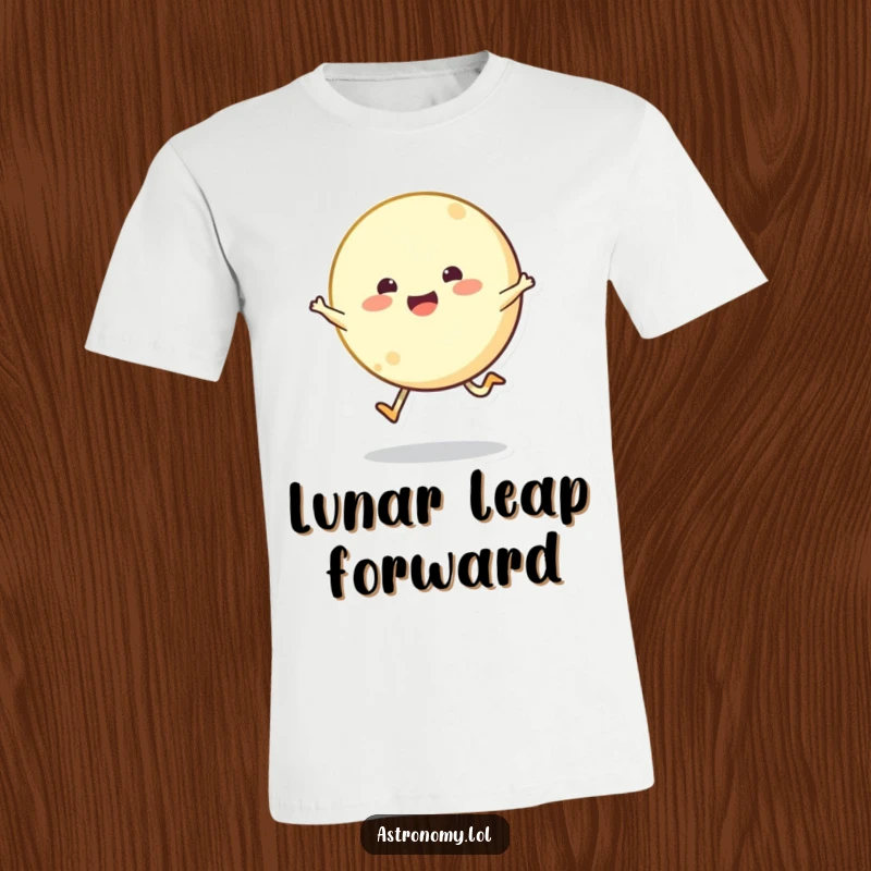 Bouncing moon character joyfully skipping across the sky on a t-shirt, perfect for expressing lunar happiness.