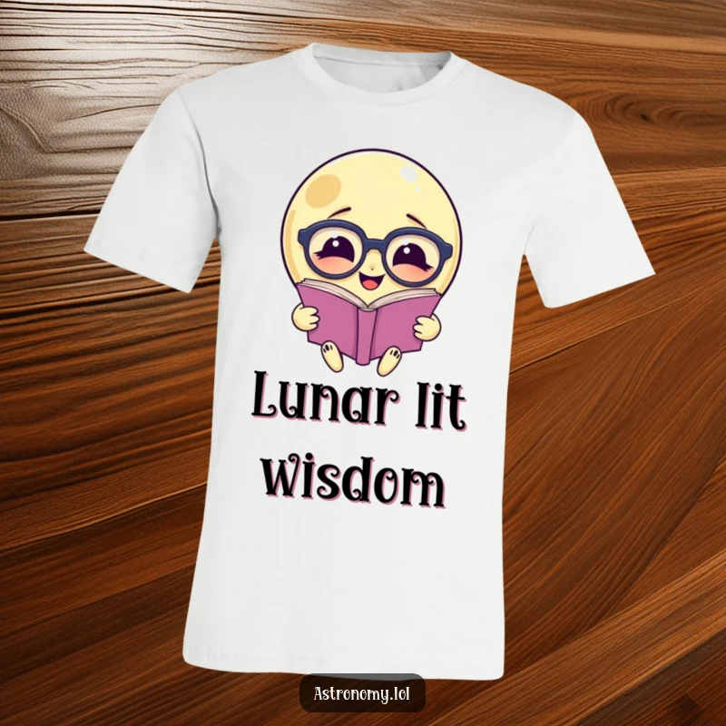 Funny t-shirt: A smiling moon wearing large spectacles reads a book, a humorous ode to knowledge.