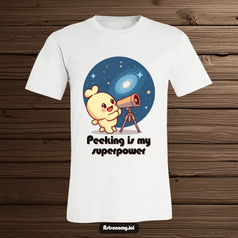 Funny telescope character in a curious pose, looking at a winking galaxy, printed on a comfortable t-shirt, sparking conversations.