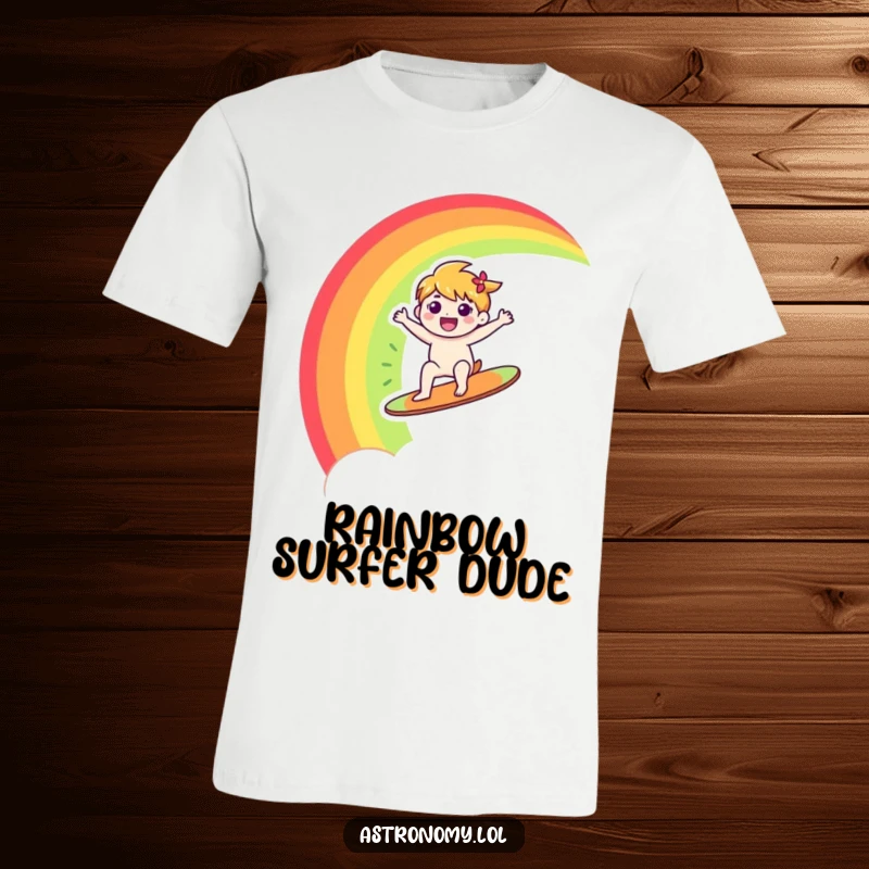 Funny t-shirt showing a happy character joyfully surfing a rainbow across a vibrant sky, representing pure bliss and fun.
