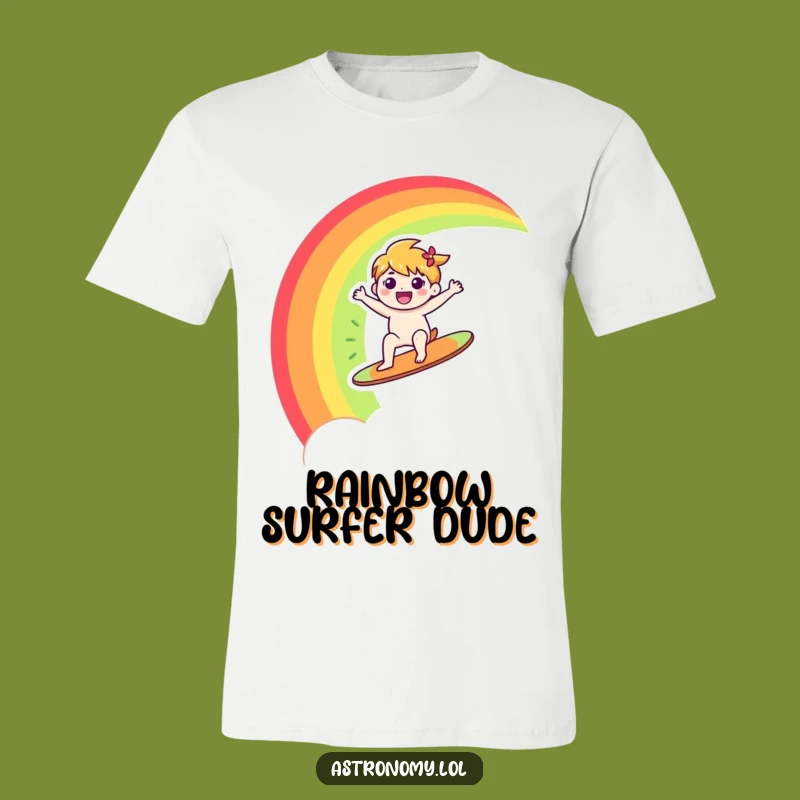 Funny Rainbow T-Shirt: Happy Character Surfs Rainbow, Vibrant Funny Gift