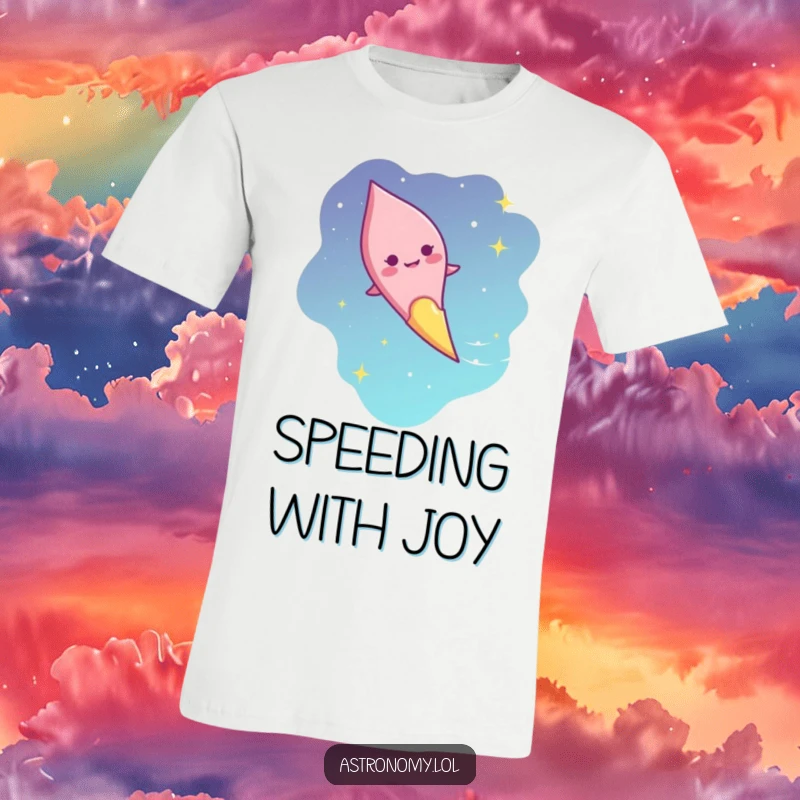 Funny giggling comet t-shirt with a smiling face streaking across the sky, a humorous and joyful gift.