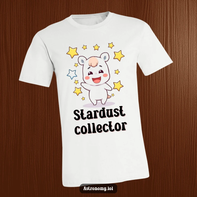 Funny T-Shirt: A gleeful character with a big grin juggles multiple luminous stars, radiating positive energy and cosmic fun.