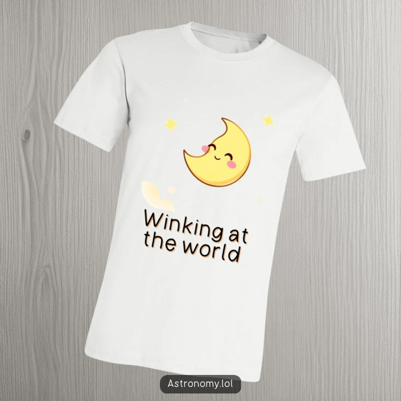 Funny t-shirt with a giggling moon character winking from the sky, perfect for those who enjoy nighttime humor.