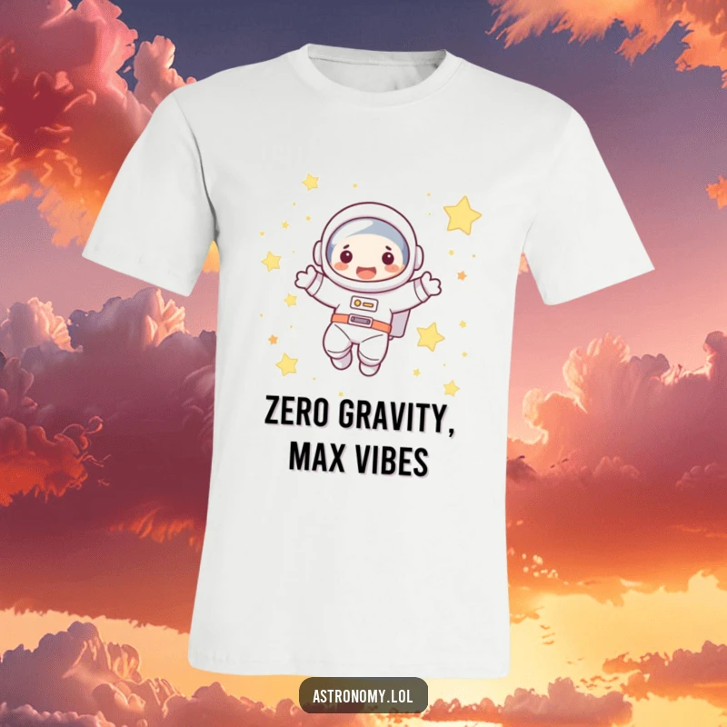 Funny astronaut t-shirt with a cute character joyfully floating amongst colorful stars, ideal for casual wear and space-themed gifts.