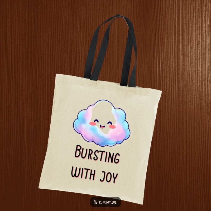 Smiling nebula cloud character expanding with happy, vibrant colors on a durable tote bag, a cheerful accessory.