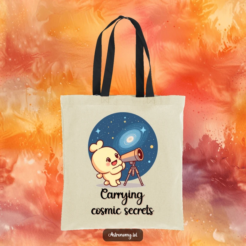 Funny telescope character intently observing a winking galaxy, on a durable tote bag, a must-have for star gazers.
