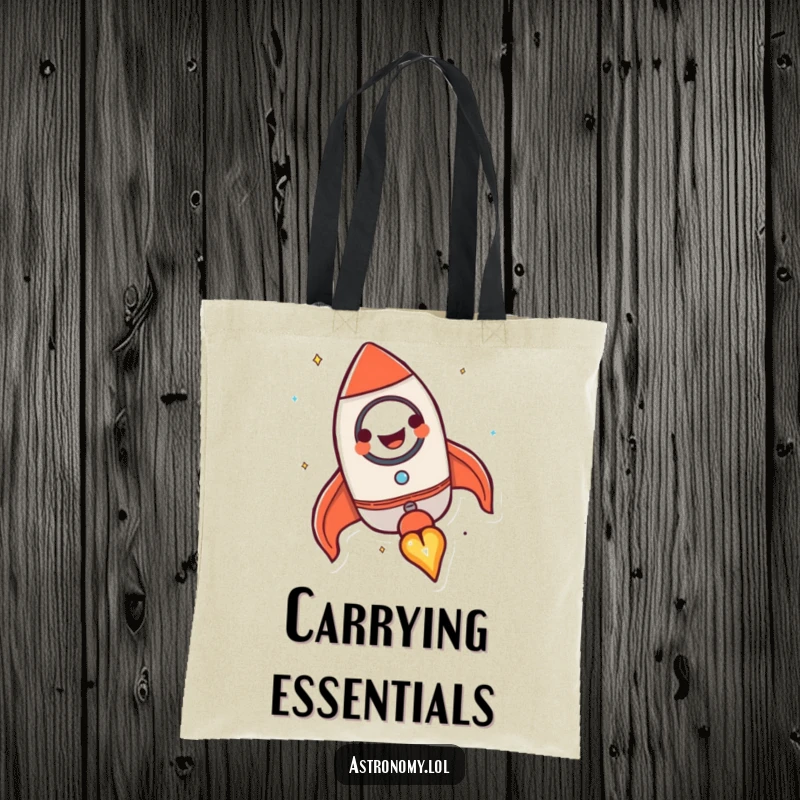 Funny rocket ship tote bag with a happy, grinning character blasting off, a humorous and functional accessory.