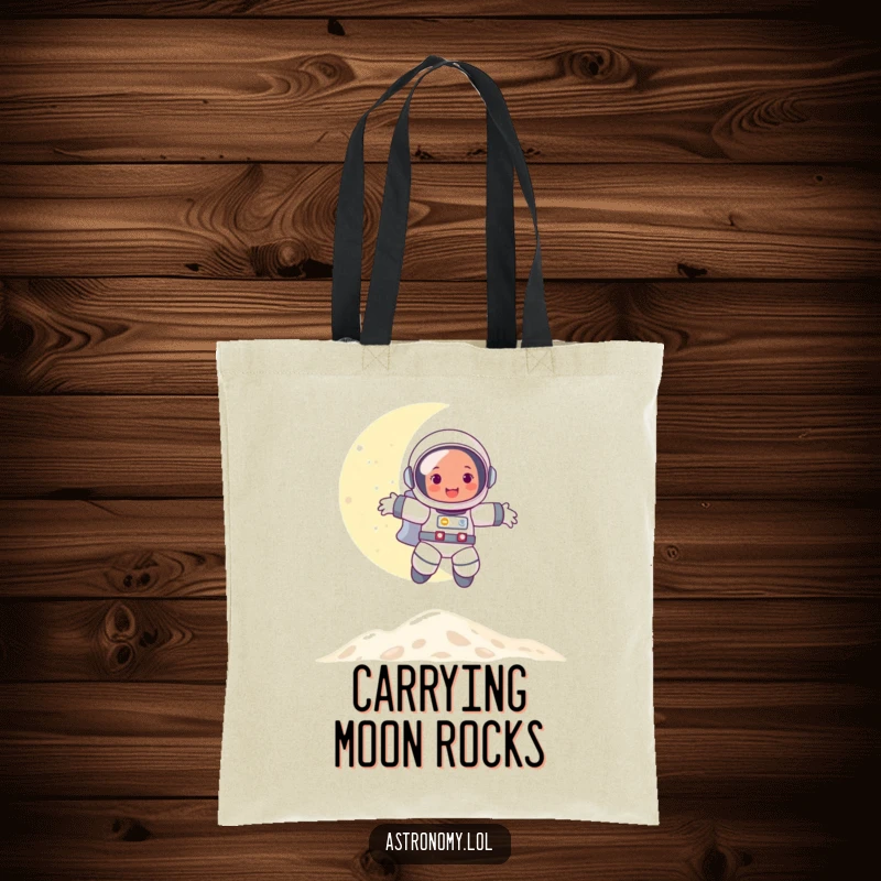 Funny tote bag with an image of a happy astronaut bouncing on the moon, perfect for carrying items with a playful, lunar theme.