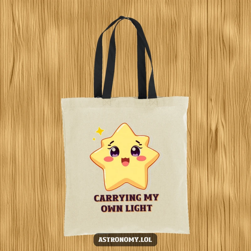 Funny tote bag with a delighted star character twinkling brightly, perfect for carrying essentials with a smile. Happy gift.