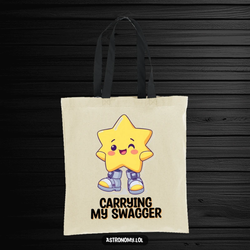 Funny star tote bag featuring a cheerful character wearing oversized, wonky gravity boots, a humorous and practical accessory.