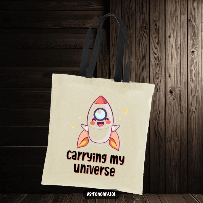 Funny Tote Bag showcasing a playful rocket character happily blasting off, symbolizing exploration and exciting journeys.