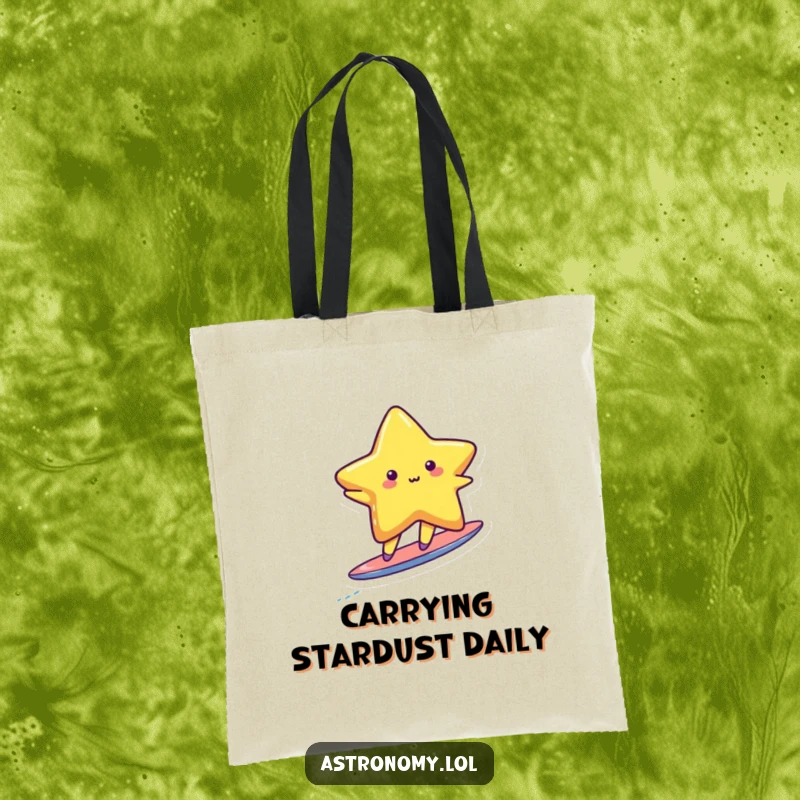 Funny cute star character energetically surfing on a tiny, bright comet tail, ready for a cosmic journey.