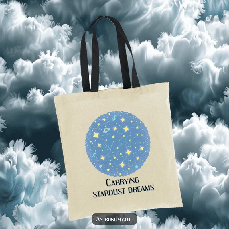 Funny tote bag adorned with a curious constellation cluster playfully twinkling, ideal for carrying essentials with celestial style.