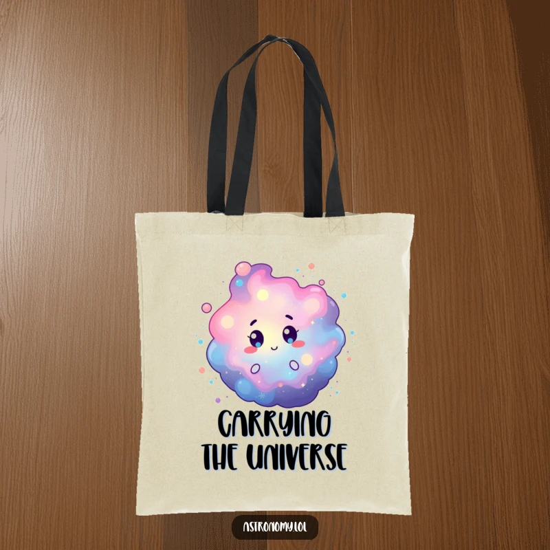 Funny tote bag showcasing a curious nebula character with colorful, swirling cosmic dust, ready for any adventure. Handy gift.