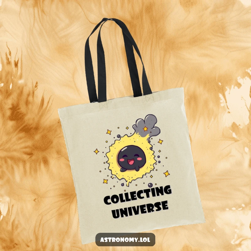 Funny cheerful black hole character playfully swirling stardust on a durable tote bag, a symbol of cosmic creation.
