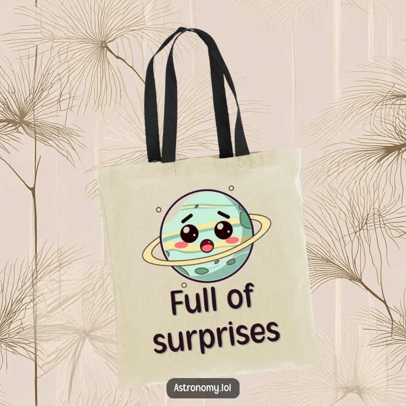 Funny planet tote bag with a surprised, spinning character, a humorous and functional accessory for carrying essentials.