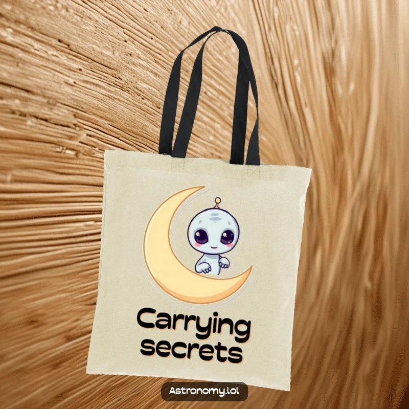 Funny alien tote bag with a mischievous character peeking from behind a crescent moon, a humorous and functional accessory.