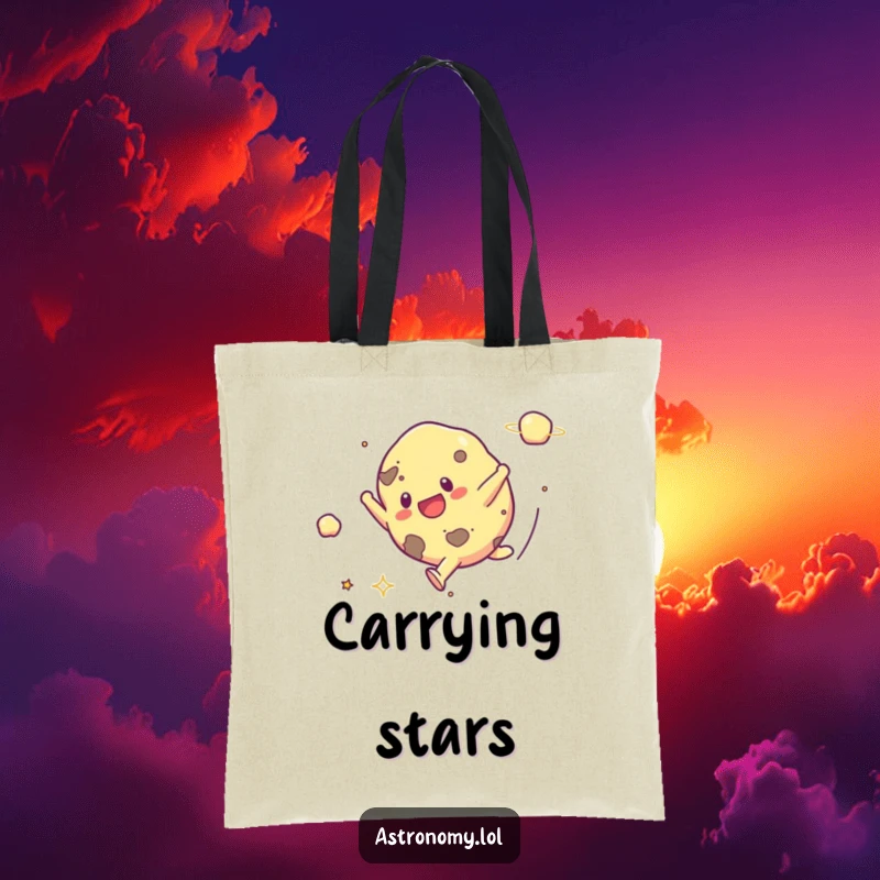 Funny tote bag featuring a cheerful asteroid doing a dynamic cartwheel against a backdrop of stars, great for shopping or travel.