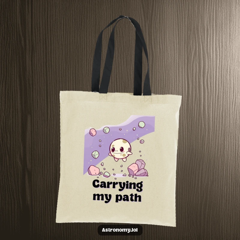Funny Tote Bag: A Determined Asteroid Character Navigating Debris, perfect for carrying essentials with resilience and humor. A great gift.