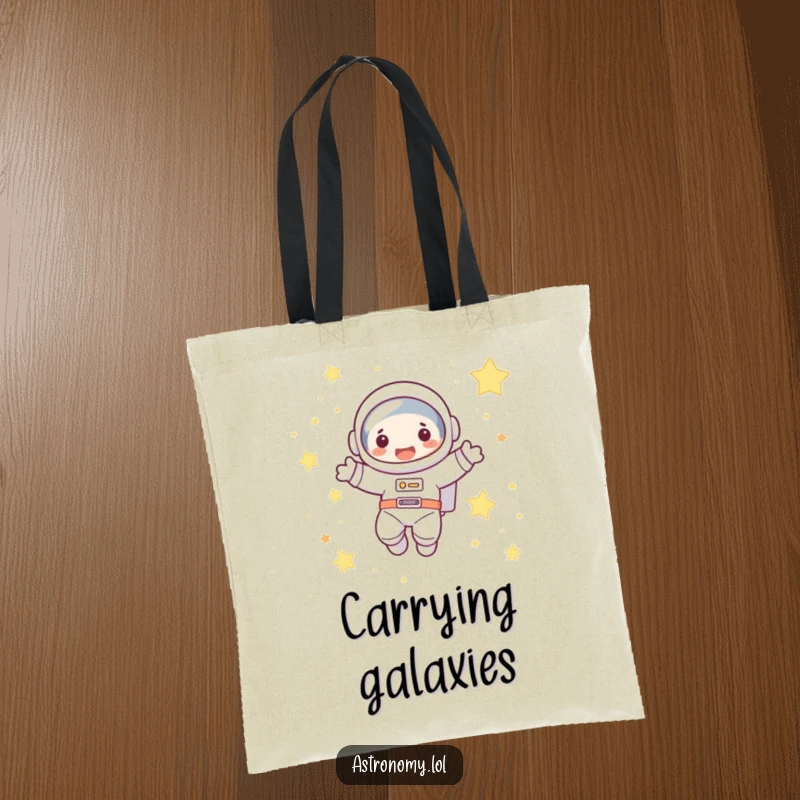 Funny astronaut tote bag featuring a cute character joyfully floating among stars, a practical and humorous accessory for daily use.