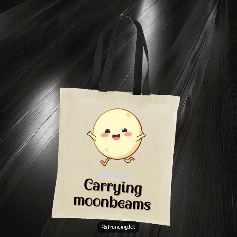 Bouncing moon character joyfully skipping across the sky on a durable tote bag, a cheerful and practical accessory.
