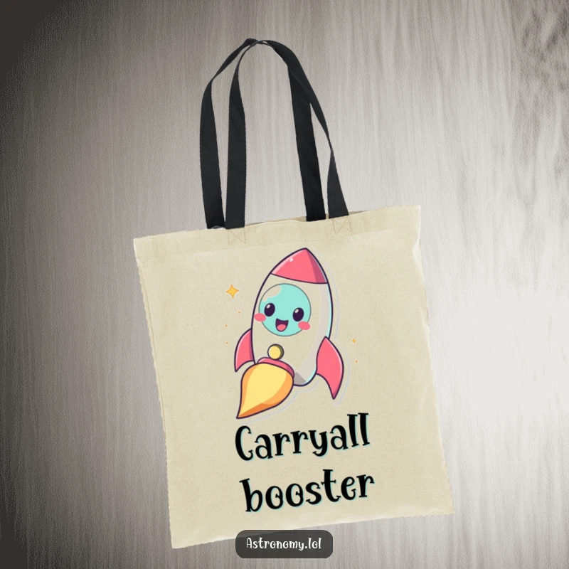 Funny cheerful rocketship character blasting off with a smile, a humorous and practical tote bag.
