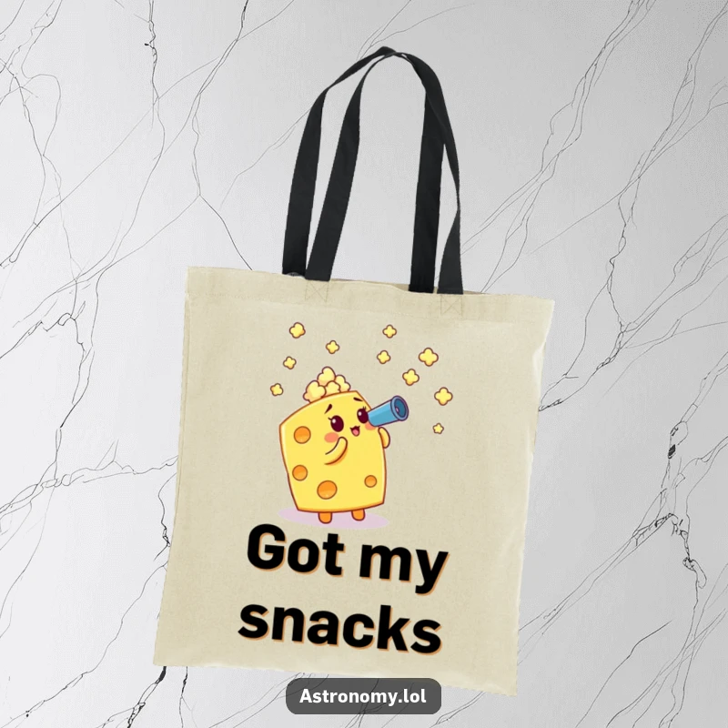 Funny tote bag: A cheese cube with a telescope looking at popcorn stars, a humorous and practical accessory.