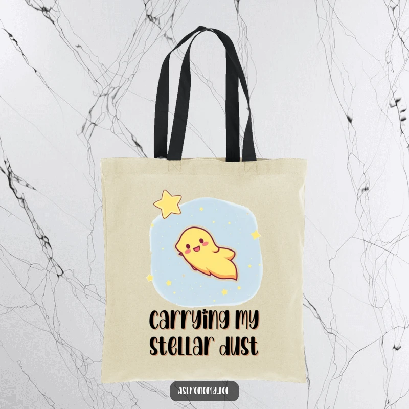 Funny tote bag with a happy comet streaking across a starry sky, bringing cosmic fun and humor on the go.