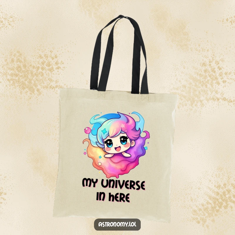 Funny nebula tote bag with a delighted, colorful swirling character, perfect for carrying groceries or treasures with cosmic flair.