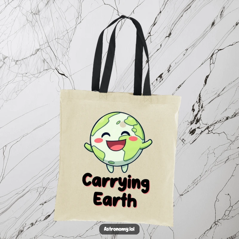 Funny tote bag featuring a round planet character with a massive grin, joyfully bouncing, ready for shopping or errands.